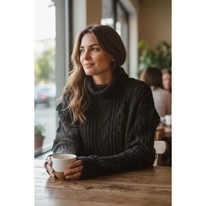 Wynter Turtleneck Sweater Womens Medium Black Fringe Cable Knit Chunky